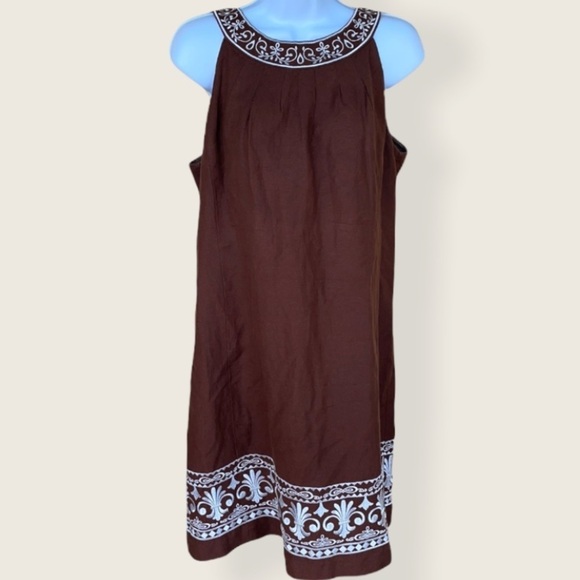 Halter Brown embroidered linen tank Dress - Picture 1 of 10